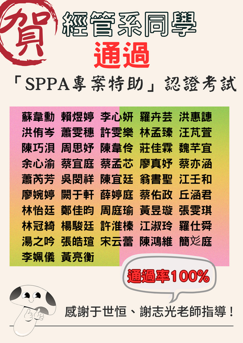 【恭賀】本系47位同學通過SPPA專案特助認證，感謝于世恒老師、謝志光老師指導！圖片